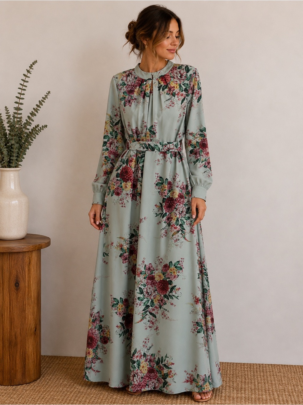 Aime Leon Dore Sage Green Floral Maxi Dress with Belt